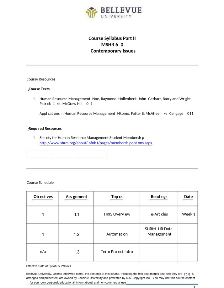 Syllabus Part II for MSHR 620