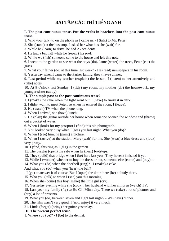 Past Continuous Tense - Exercises and Examples
