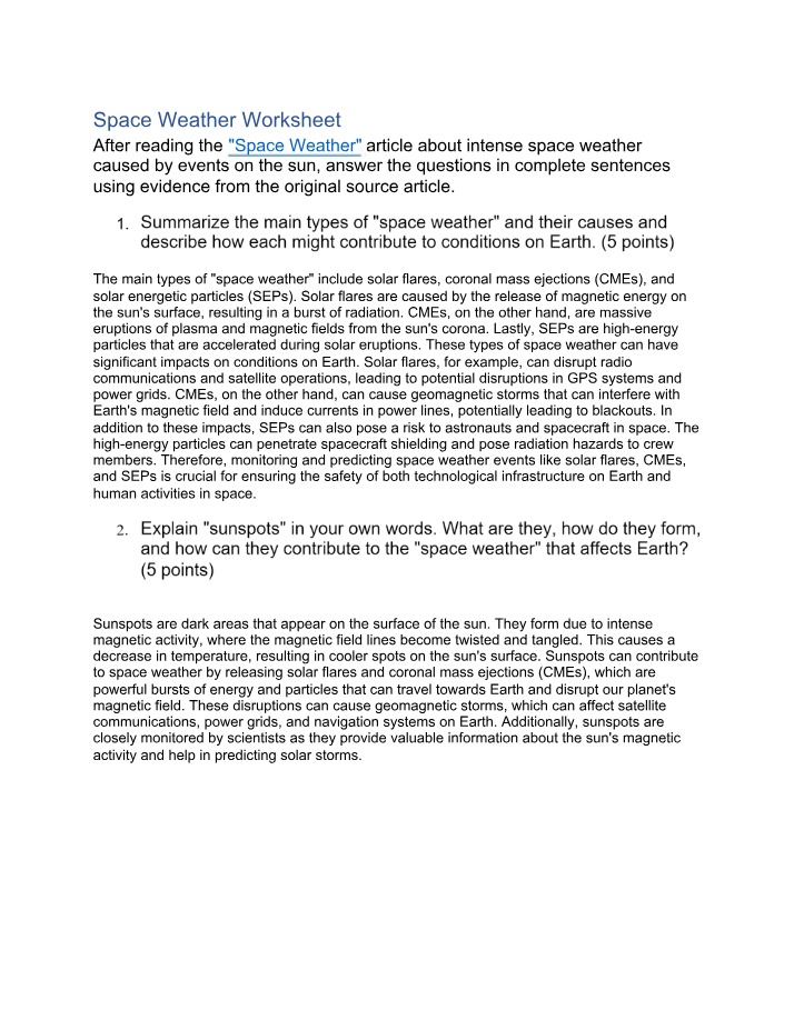 Worksheet on Space Weather