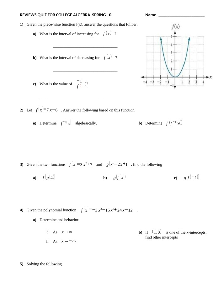College Algebra Spring 2023 Review Quiz