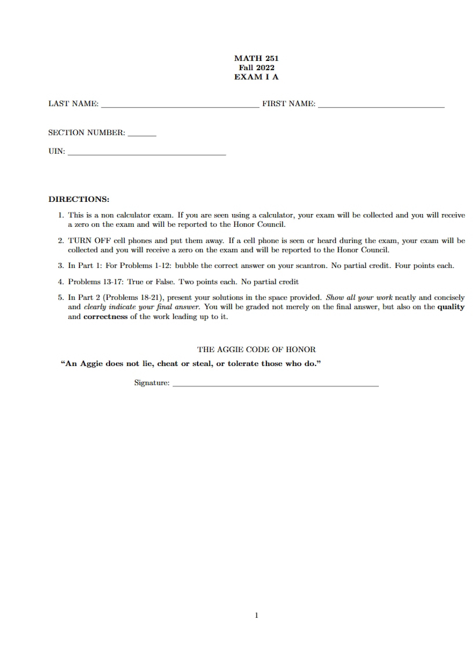 Exam One, Version A