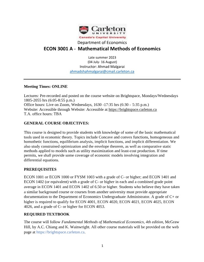 Mathematical Methods of Economics - Tools and Optimization