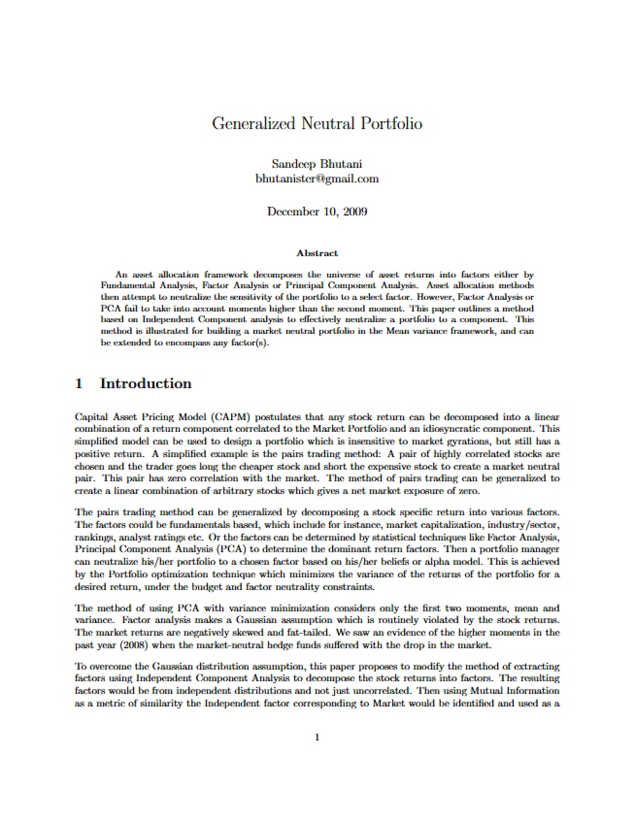 Introduction to a Generalized Neutral Portfolio