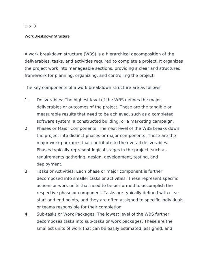 Systems Analysis and Design - Work Breakdown Structure