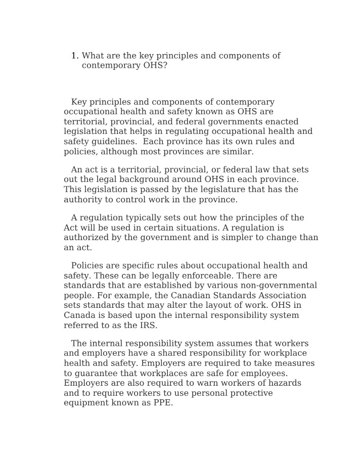 Key Principles and Components of Contemporary OHS