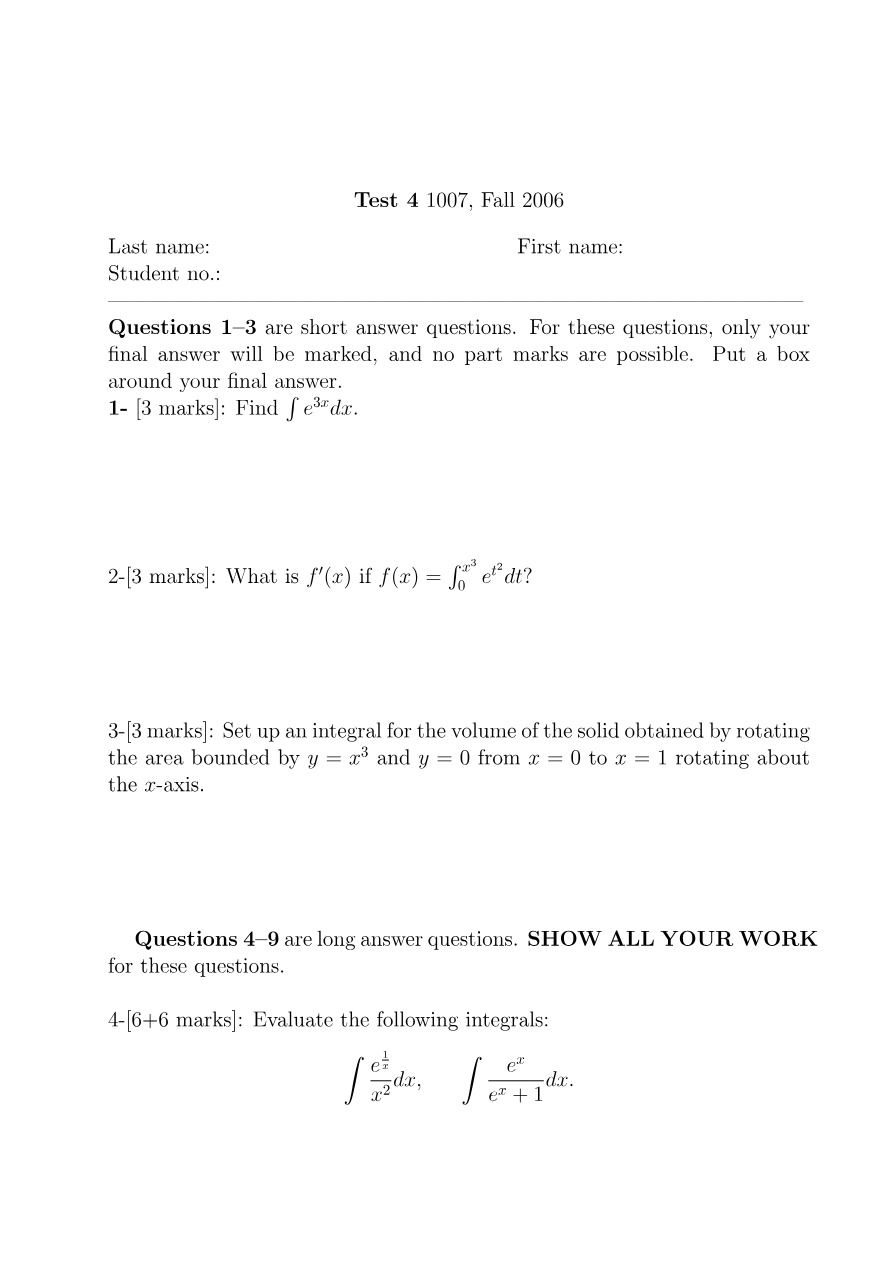 MATH1007 Test 4 (Fall 2006)