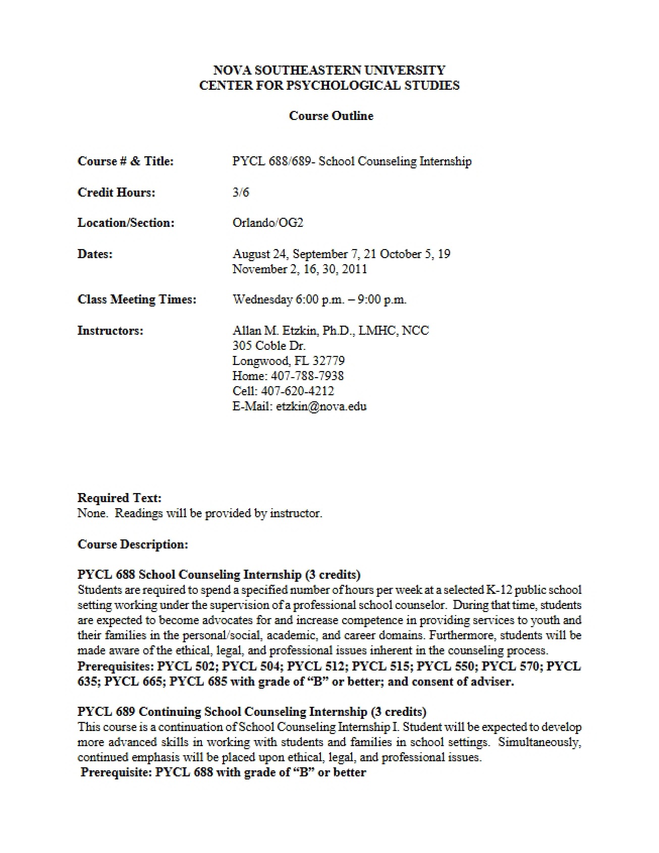 School Counseling Internship Outline