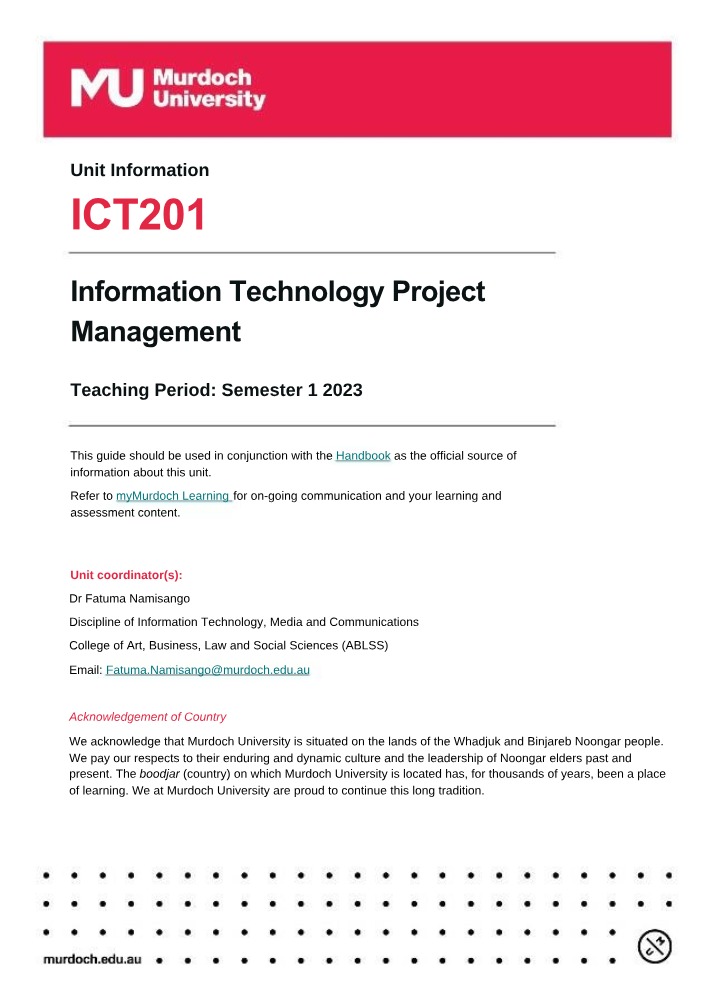 ICT201 Unit Overview - Information Technology Project Management