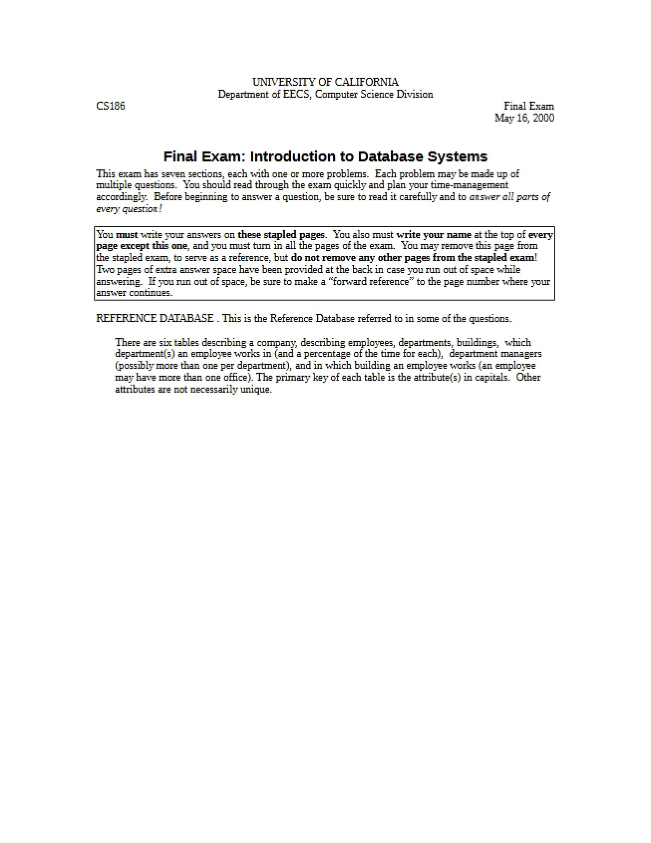 Introduction to Database Systems Final Exam