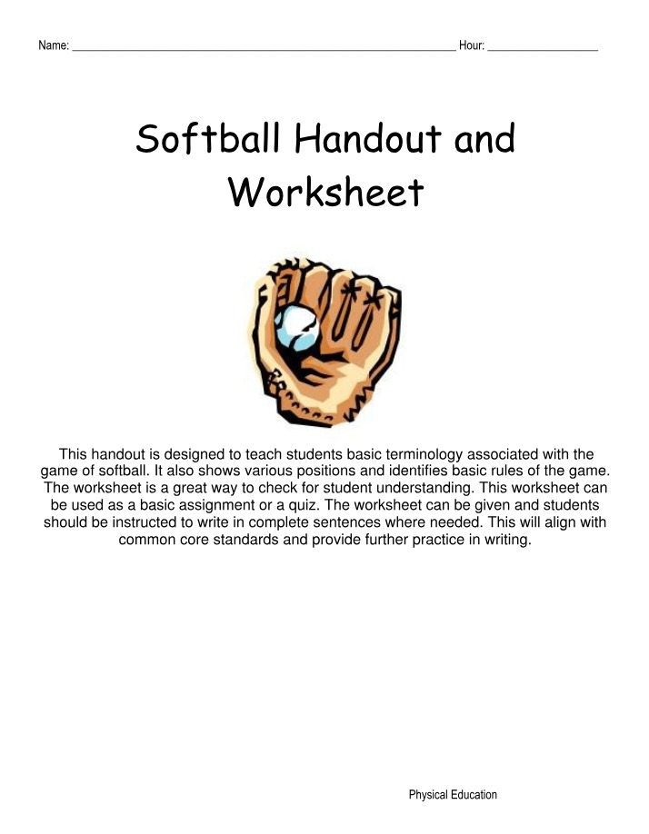 Worksheet and Handout for Softball