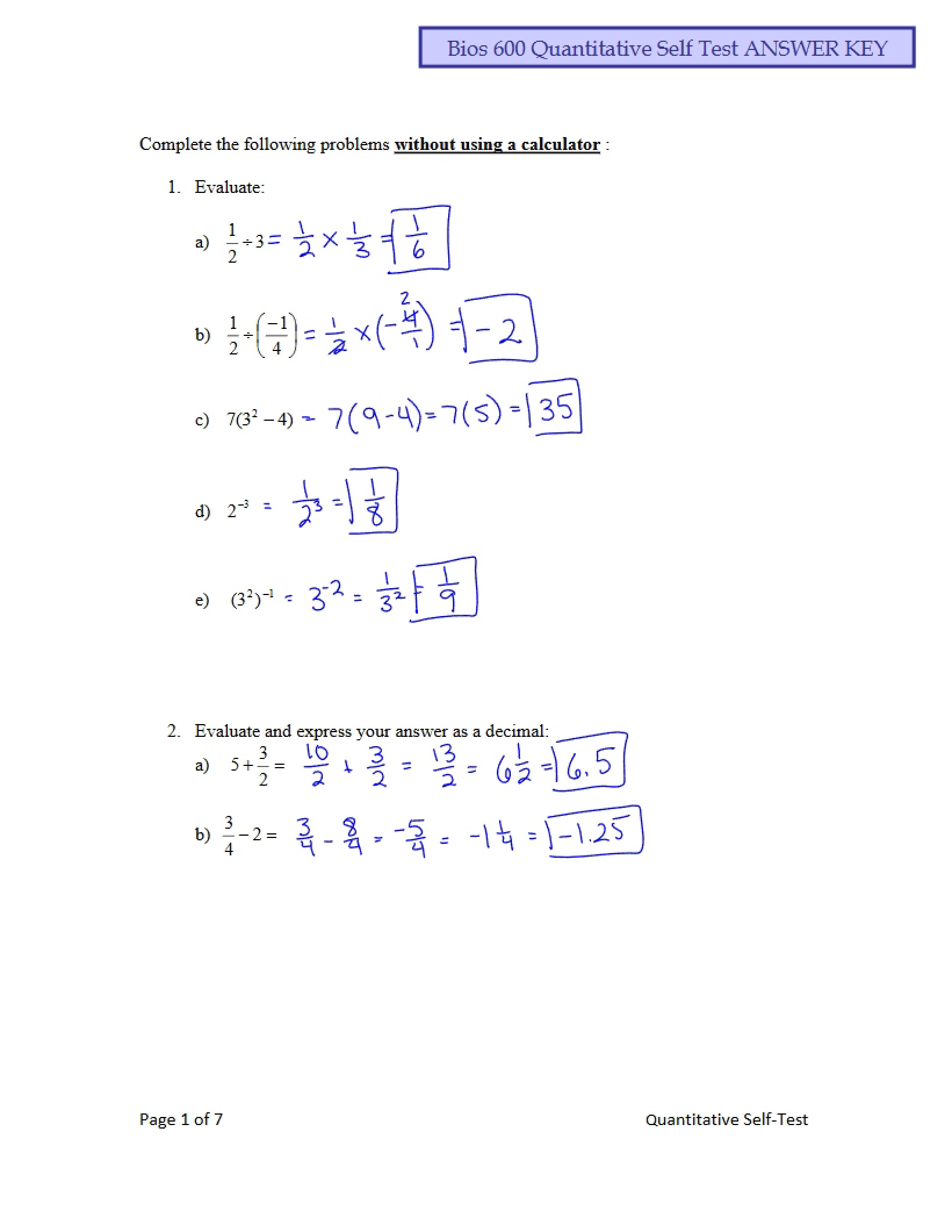 Answer Key for Quantitative Self Test