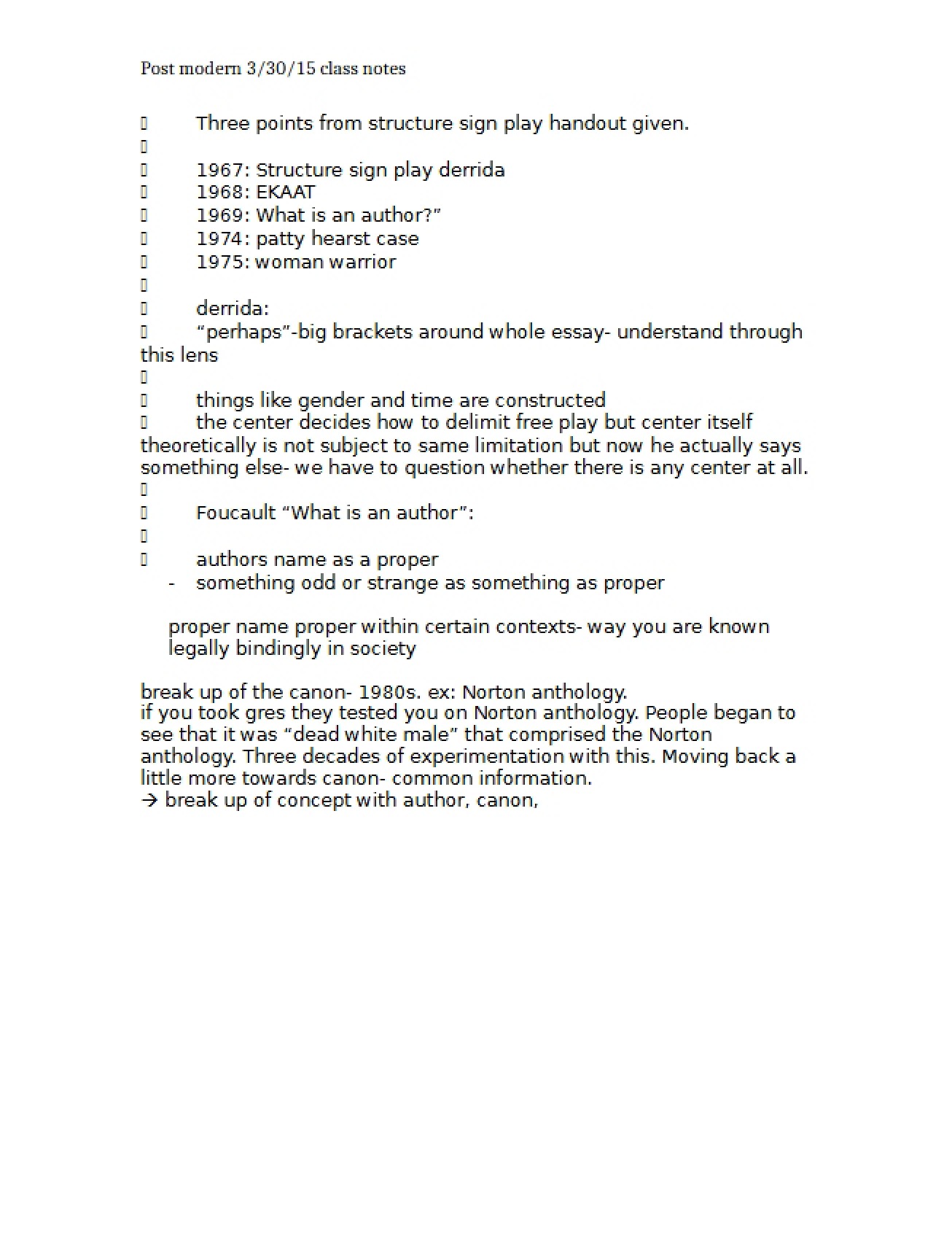Postmodernism Notes March 30, 2015