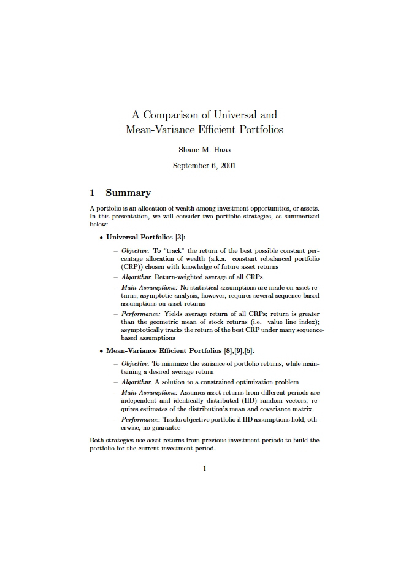Efficient Portfolios (Mean-Variance) versus Universal Portfolios: A Comparative Analysis