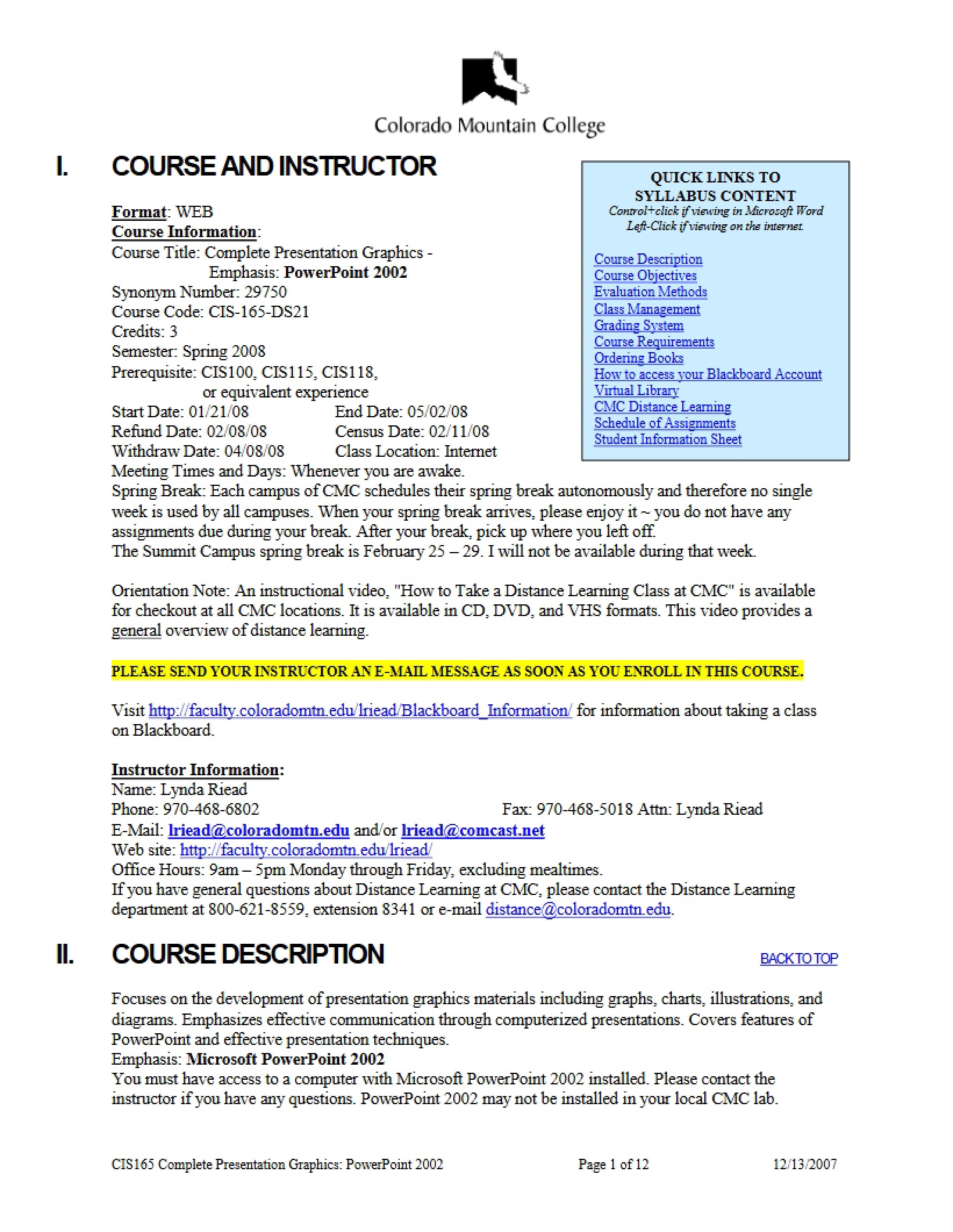 Presentation Graphics Course Syllabus