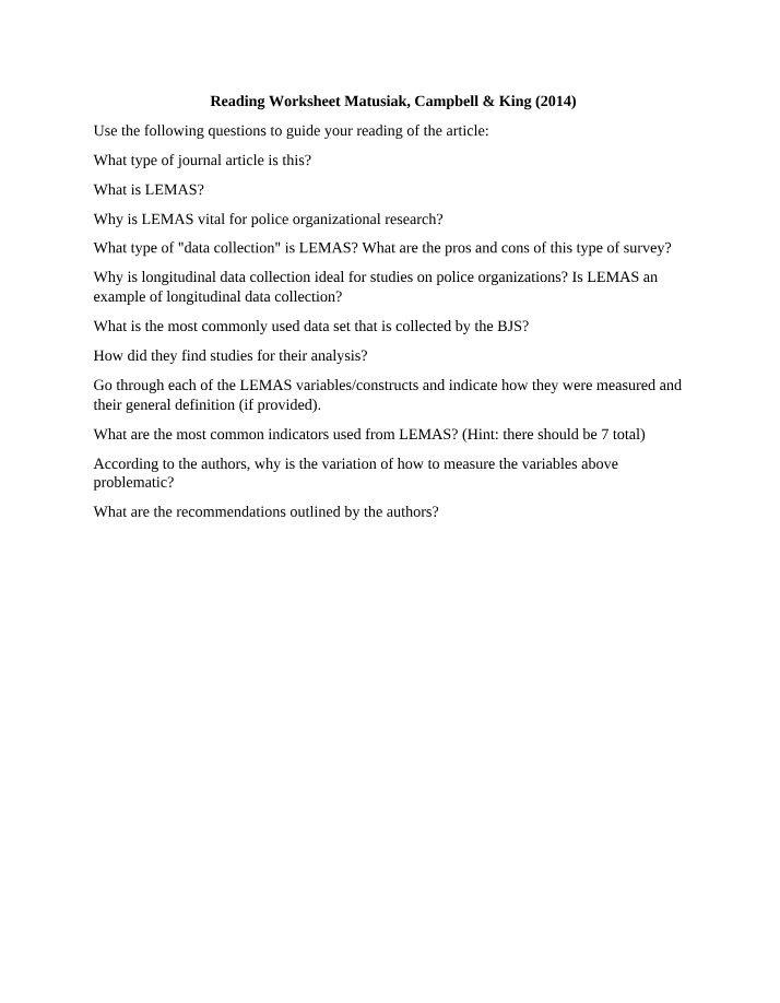 Matusiak, Campbell & King (2014) - Reading Worksheet