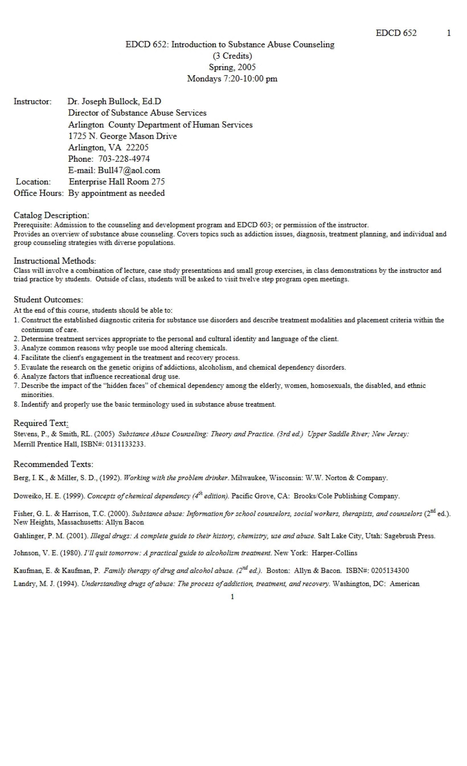 Introduction to Substance Abuse Counseling Syllabus
