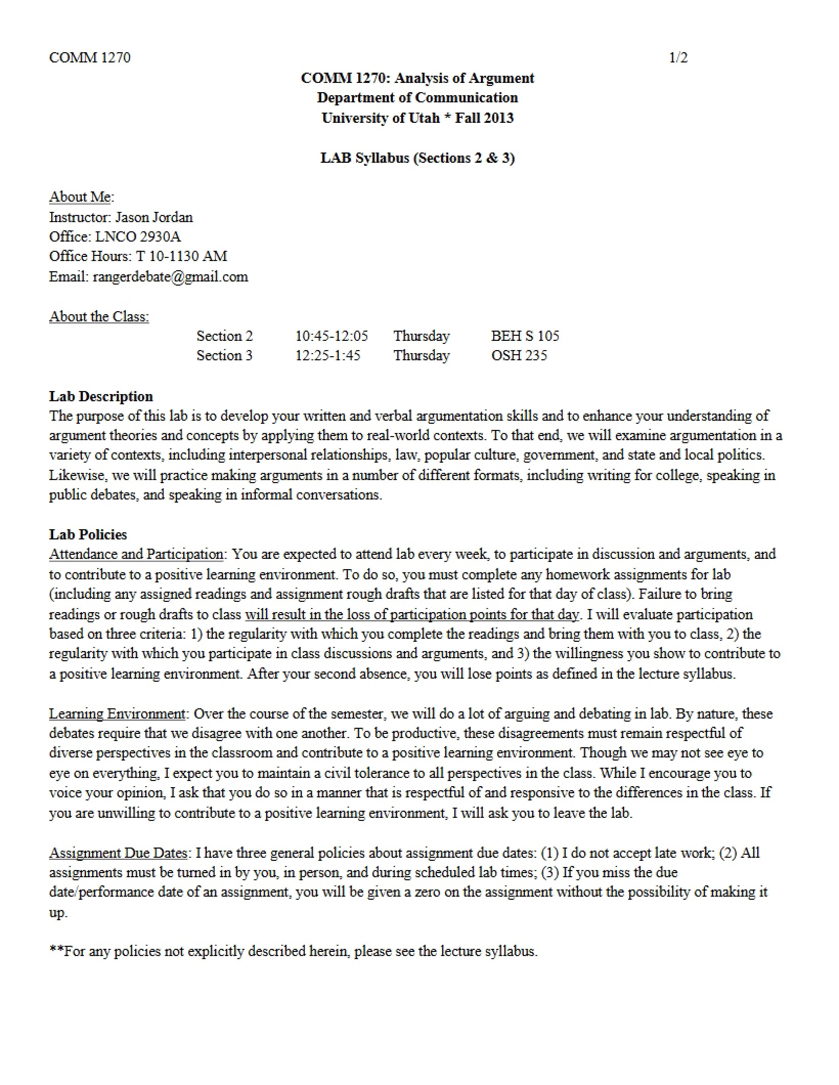 Course Syllabus (Analysis of Argument)