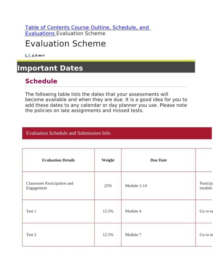 Important Dates and Course Evaluation Schedule