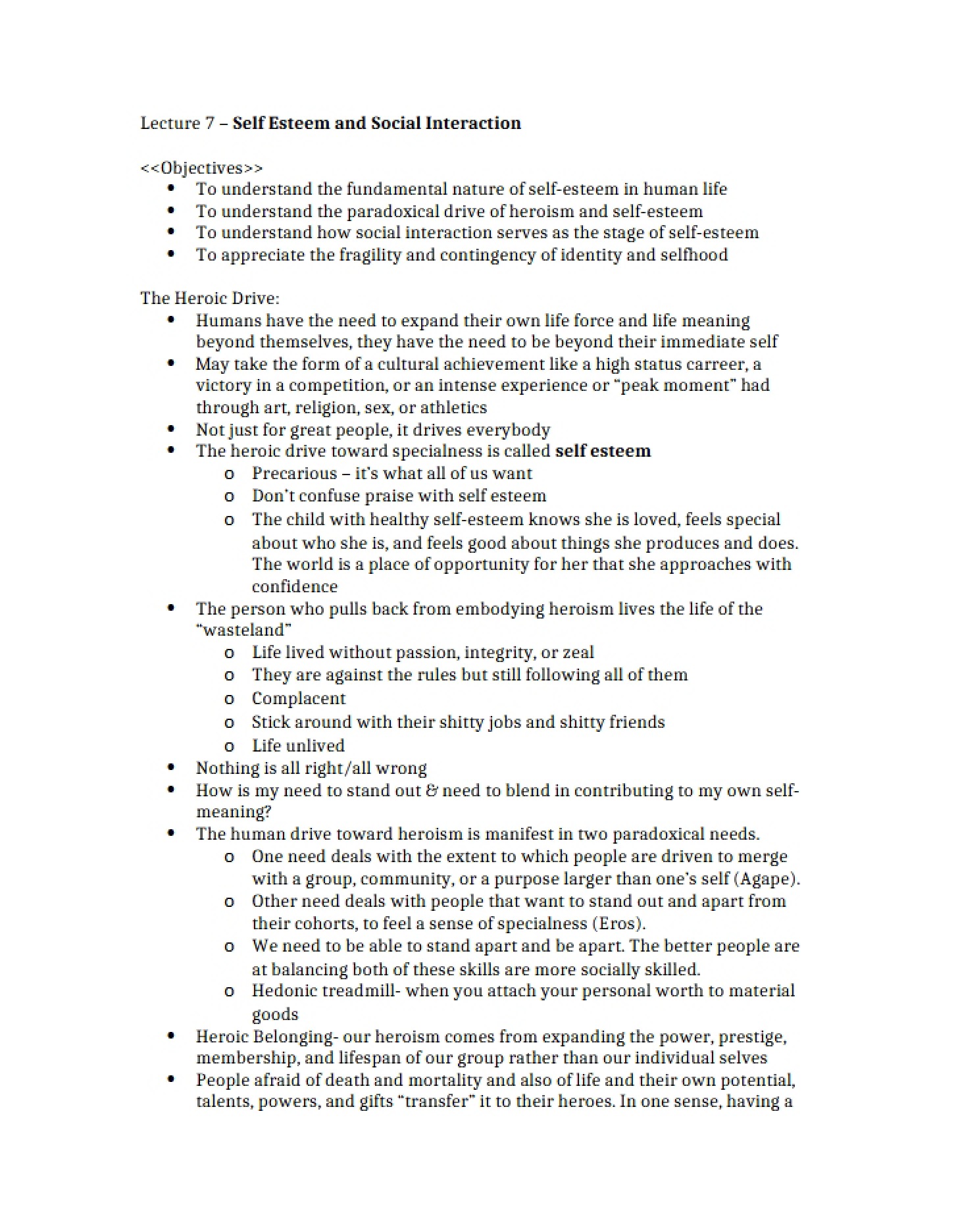 Social Interaction and Self-Esteem (Lecture 7)