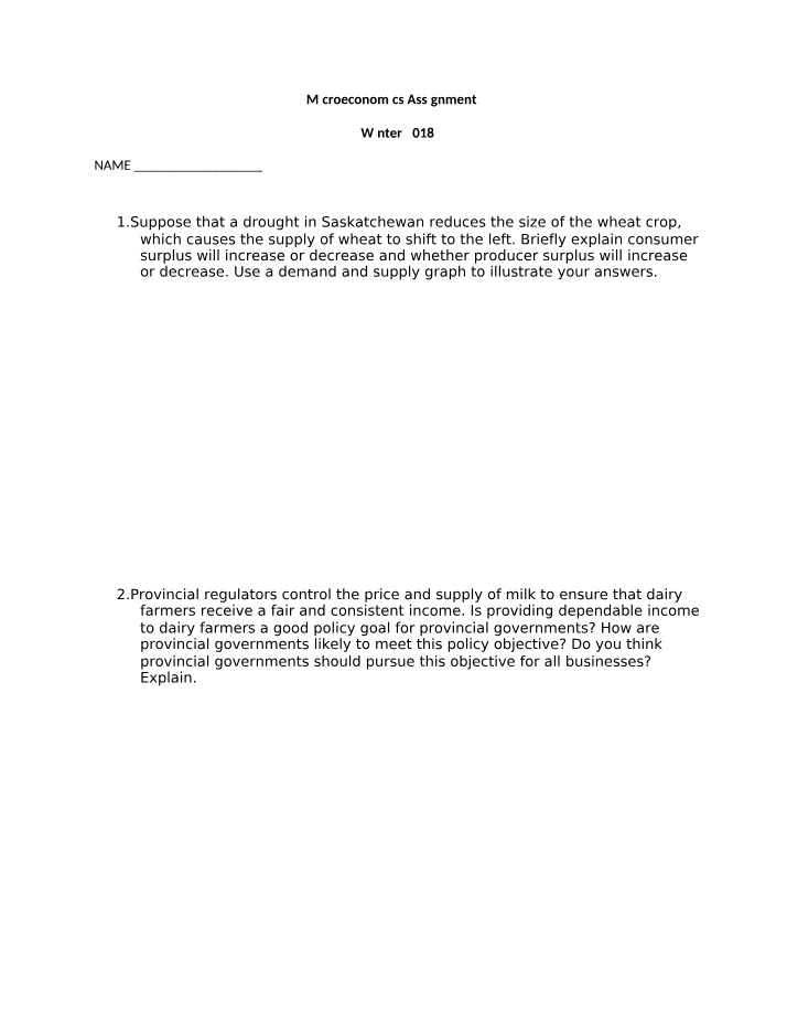 Winter 2018 Assignment 2 for Microeconomics