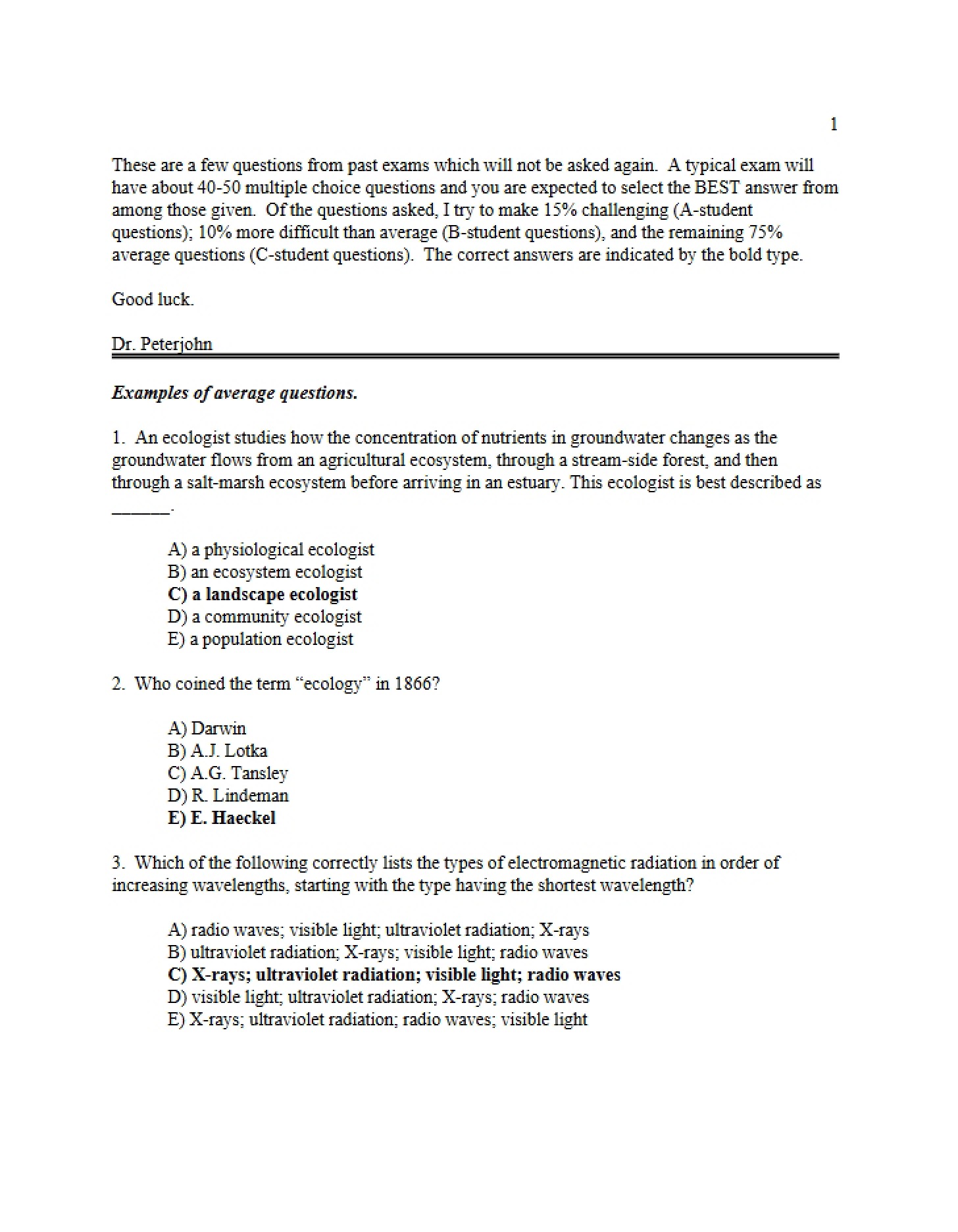 Set One of Example Questions