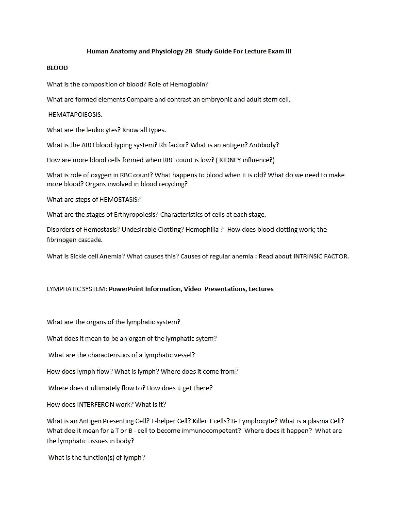 Review Sheet for Anatomy and Physiology