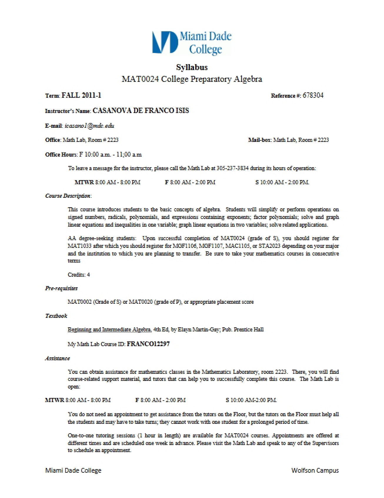 College Preparatory Algebra Syllabus - 6 Pages