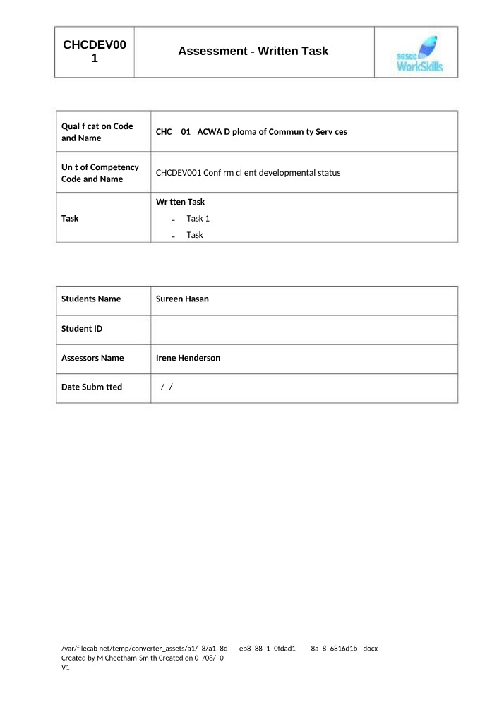 Written Task for Assessment