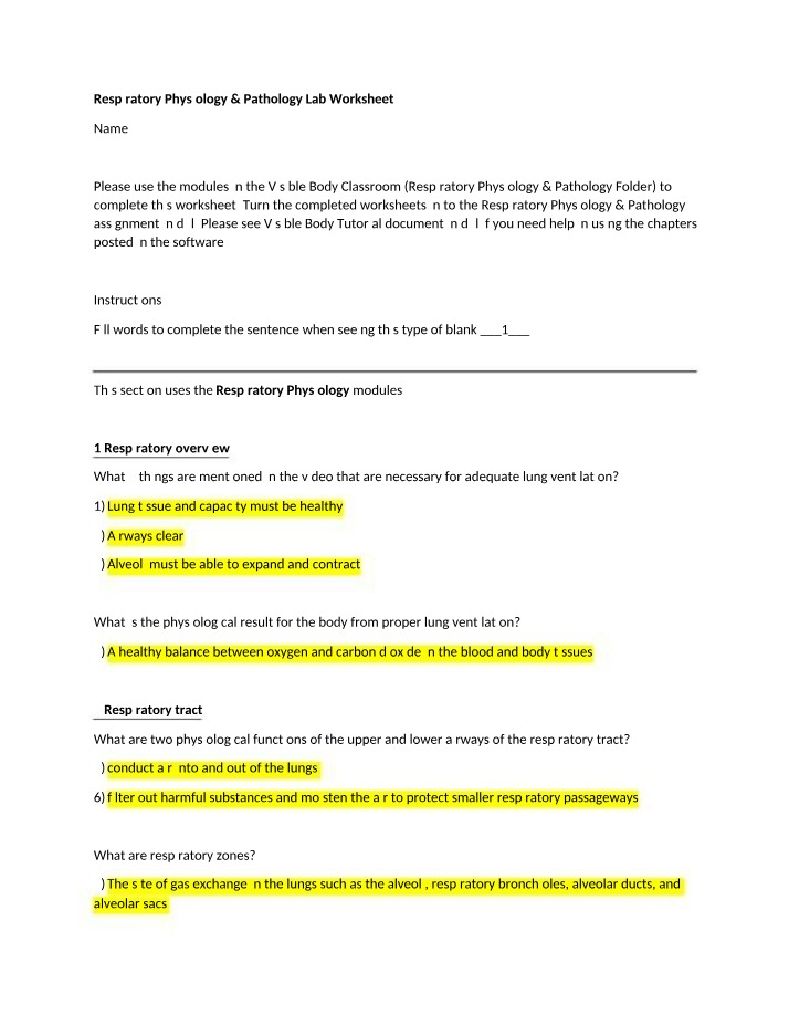 Lab Worksheet - Respiratory Physiology and Pathology