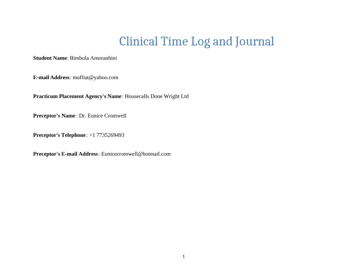 Practicum Placement Clinical Time Log and Journal