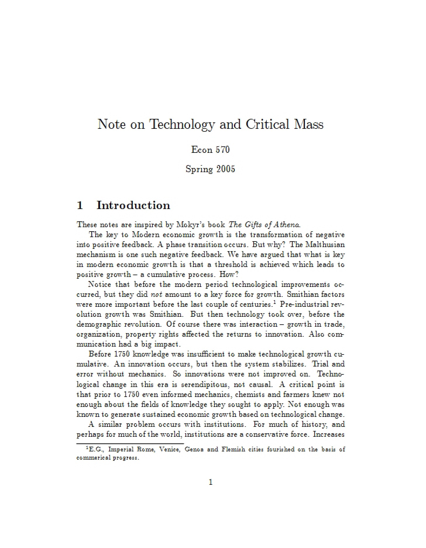 Critical Mass and Technology Notes