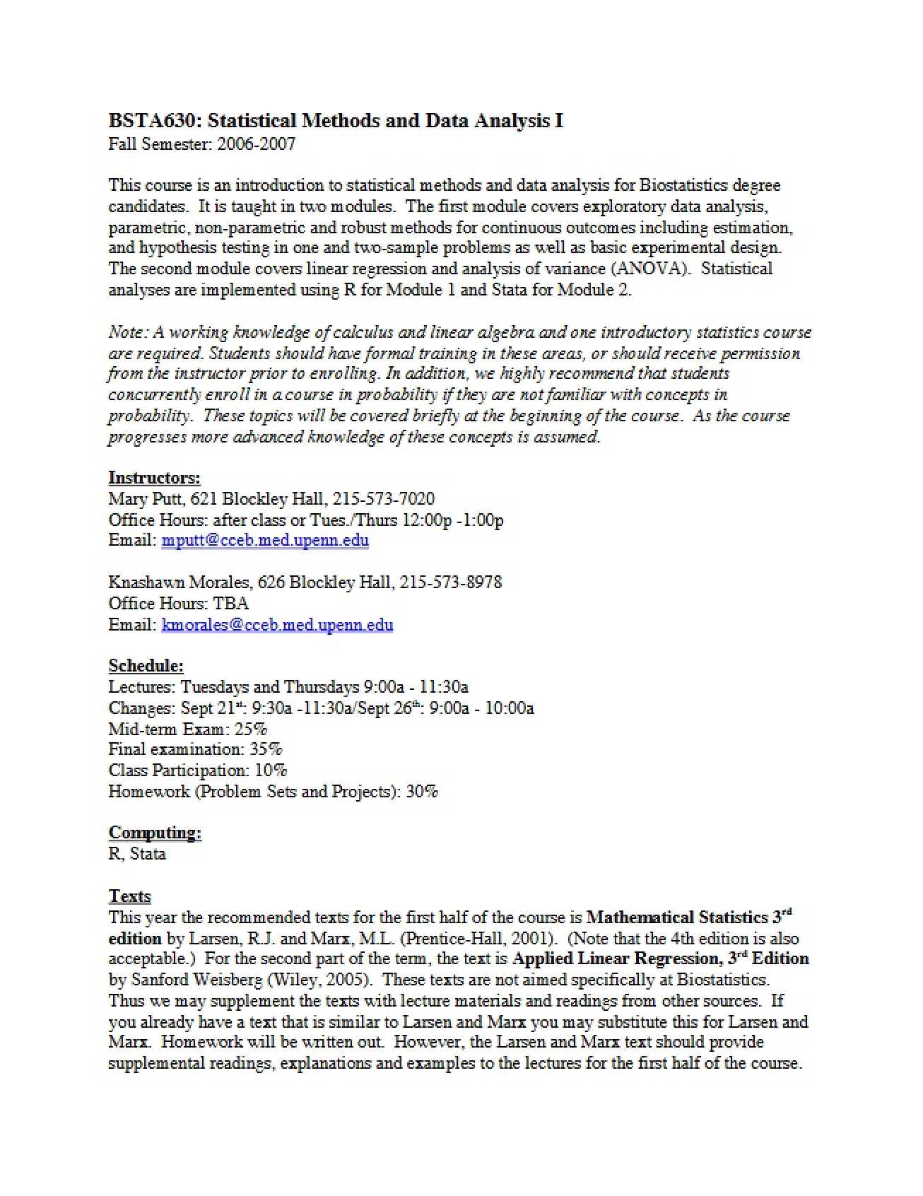 Statistical Methods Course Syllabus