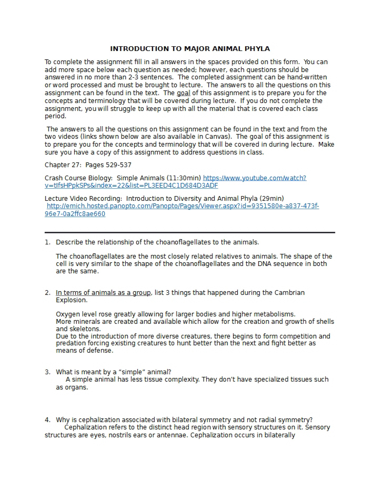 Assignment 3 Animal Phyla (Pre-Lecture)