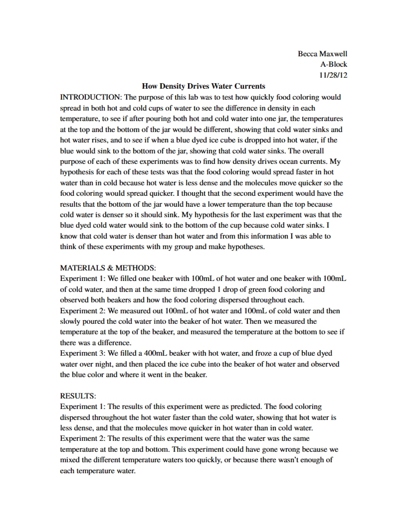 Report on Density Laboratory Experiment