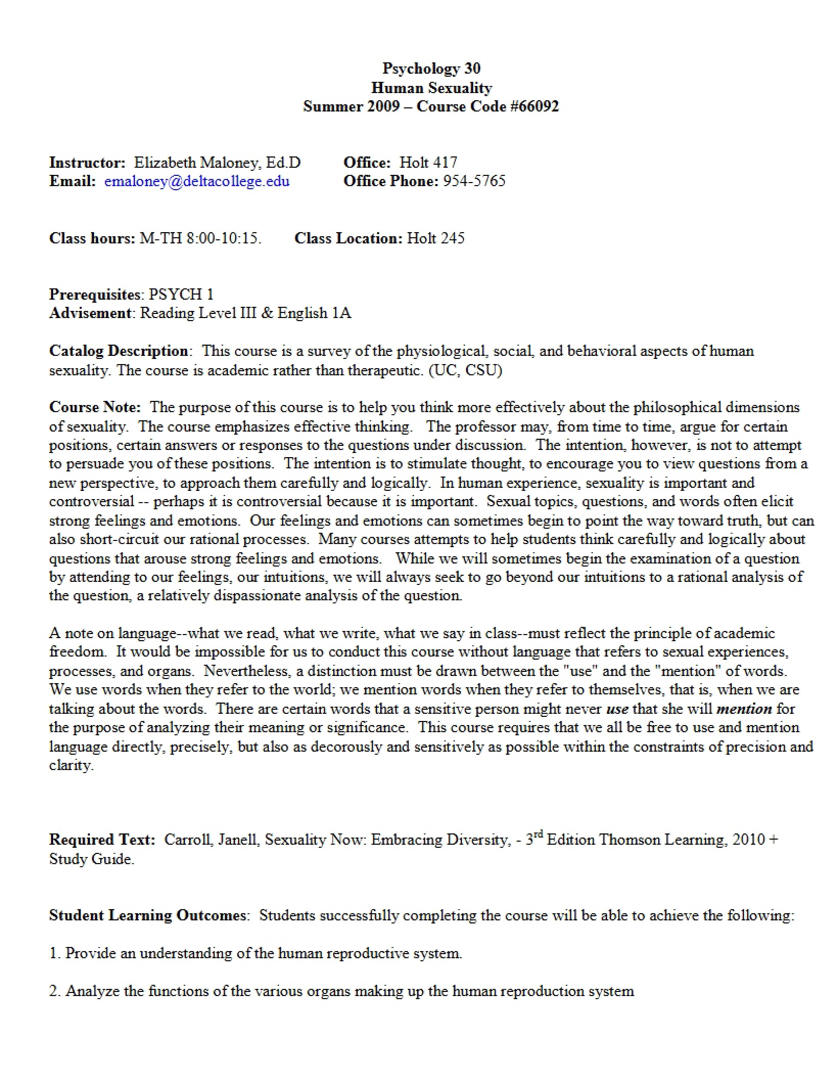 Syllabus for Human Sexuality