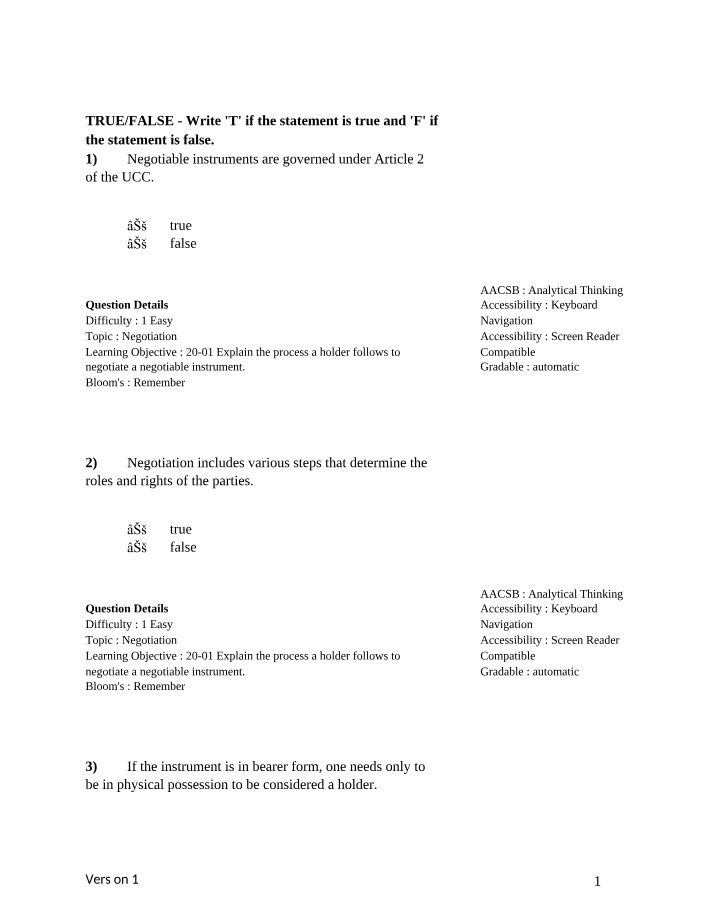 Negotiable Instruments - True-False Questions