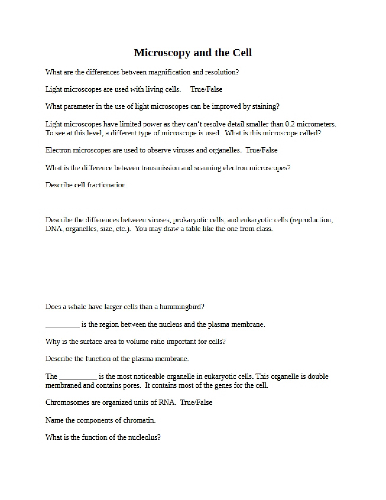 Third Worksheet for the Biology I Course