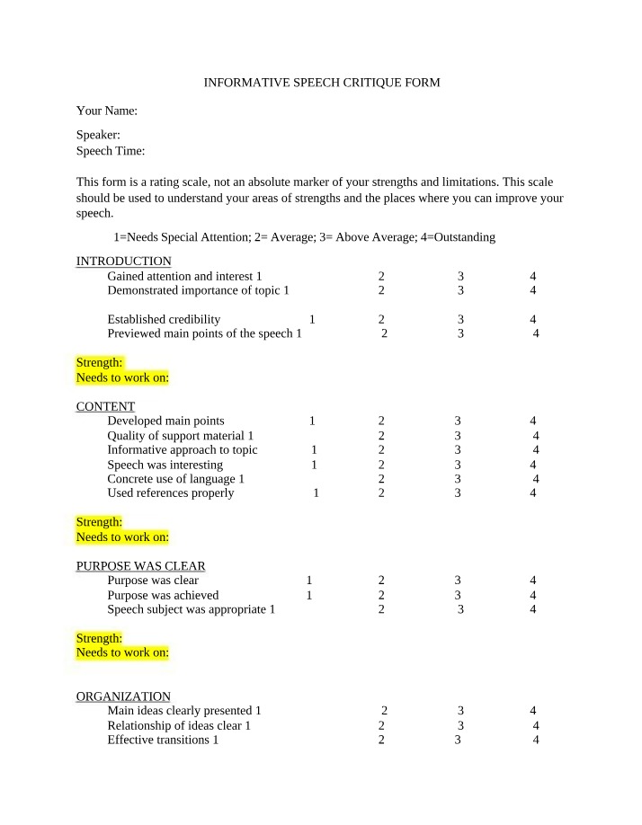 Critique Form for Informative Speech