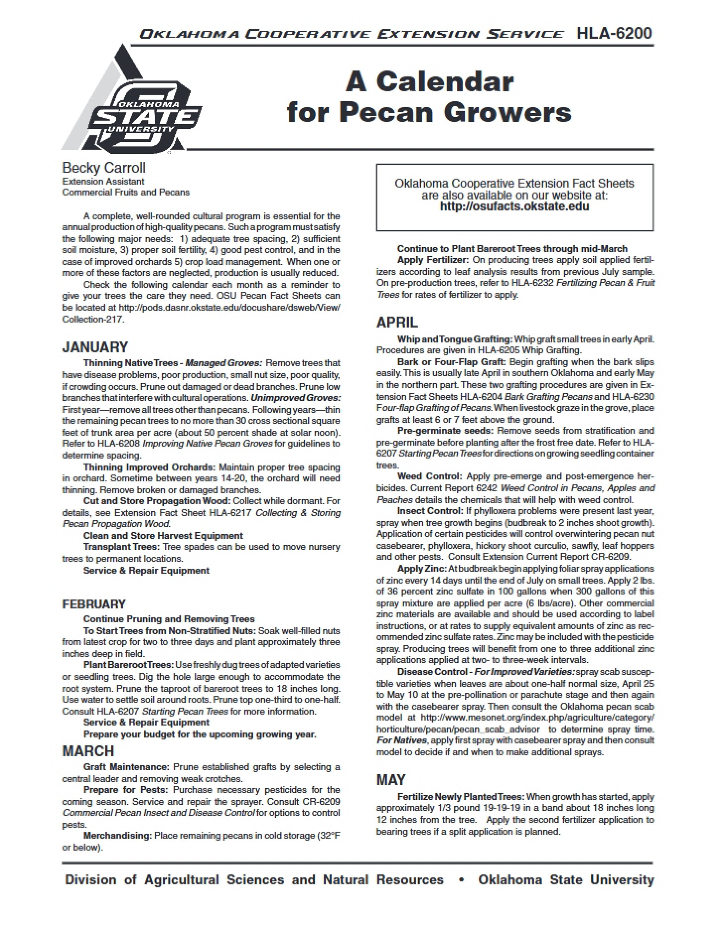 Growers Calendar for Pecans