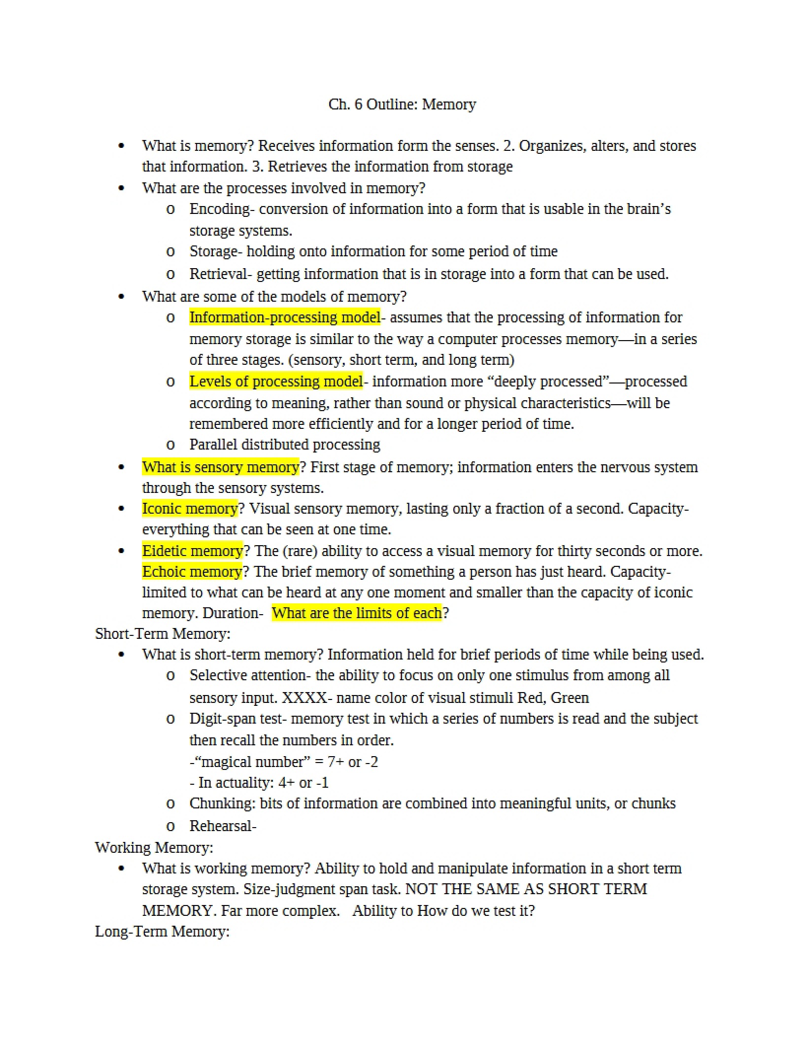 Memory Outline Chapter 6