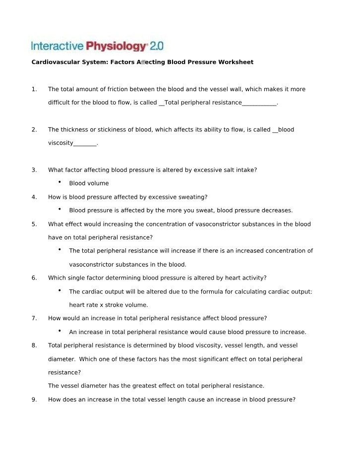 Worksheet on Factors Affecting Blood Pressure
