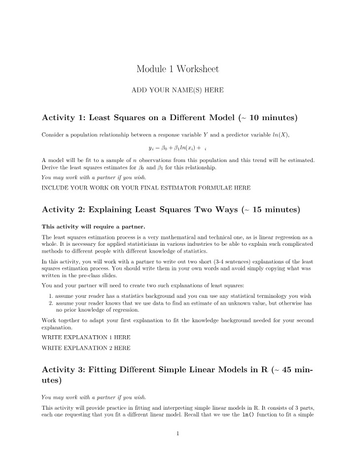 Worksheet for Module 1