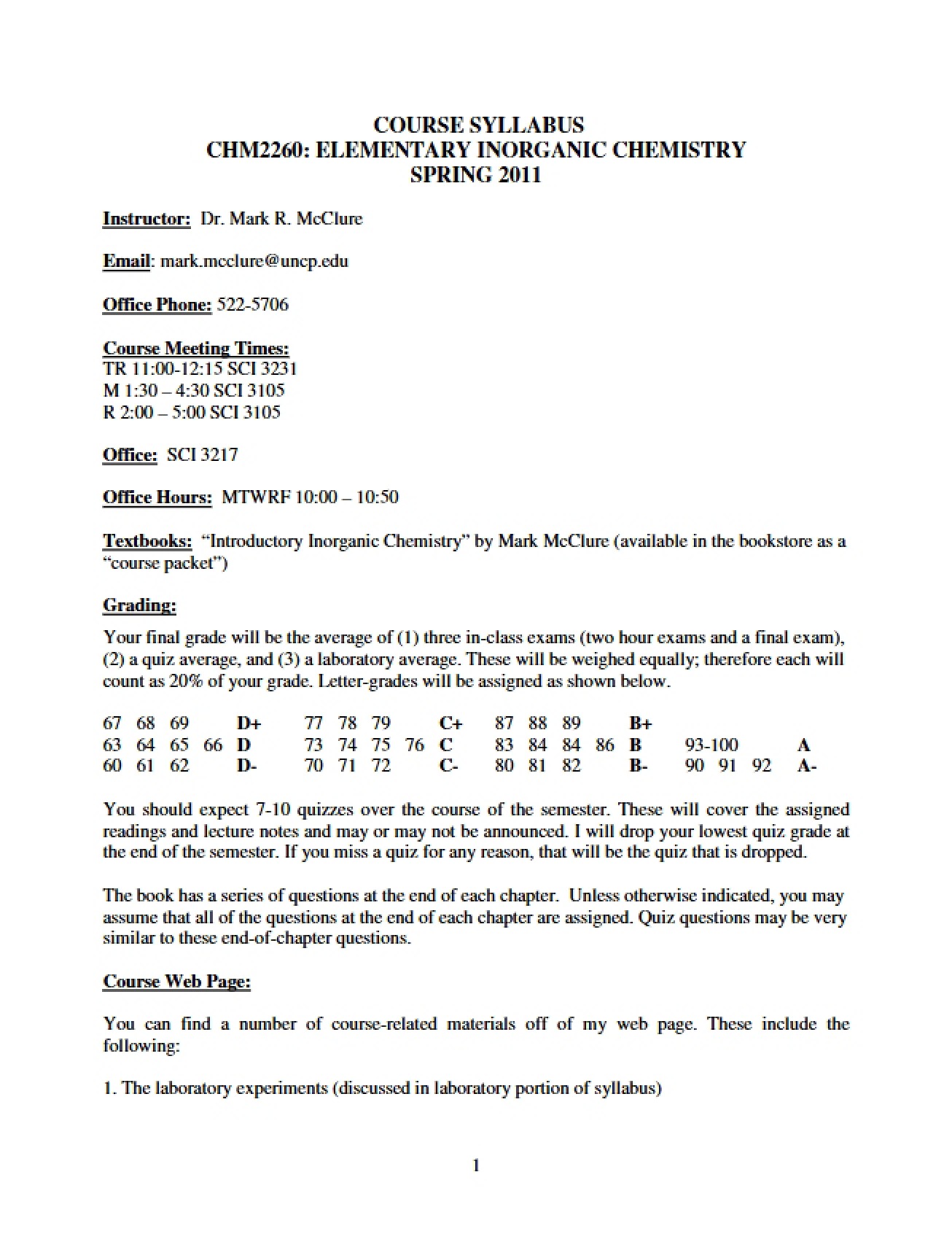 Course Syllabus Elementary Inorganic Chemistry