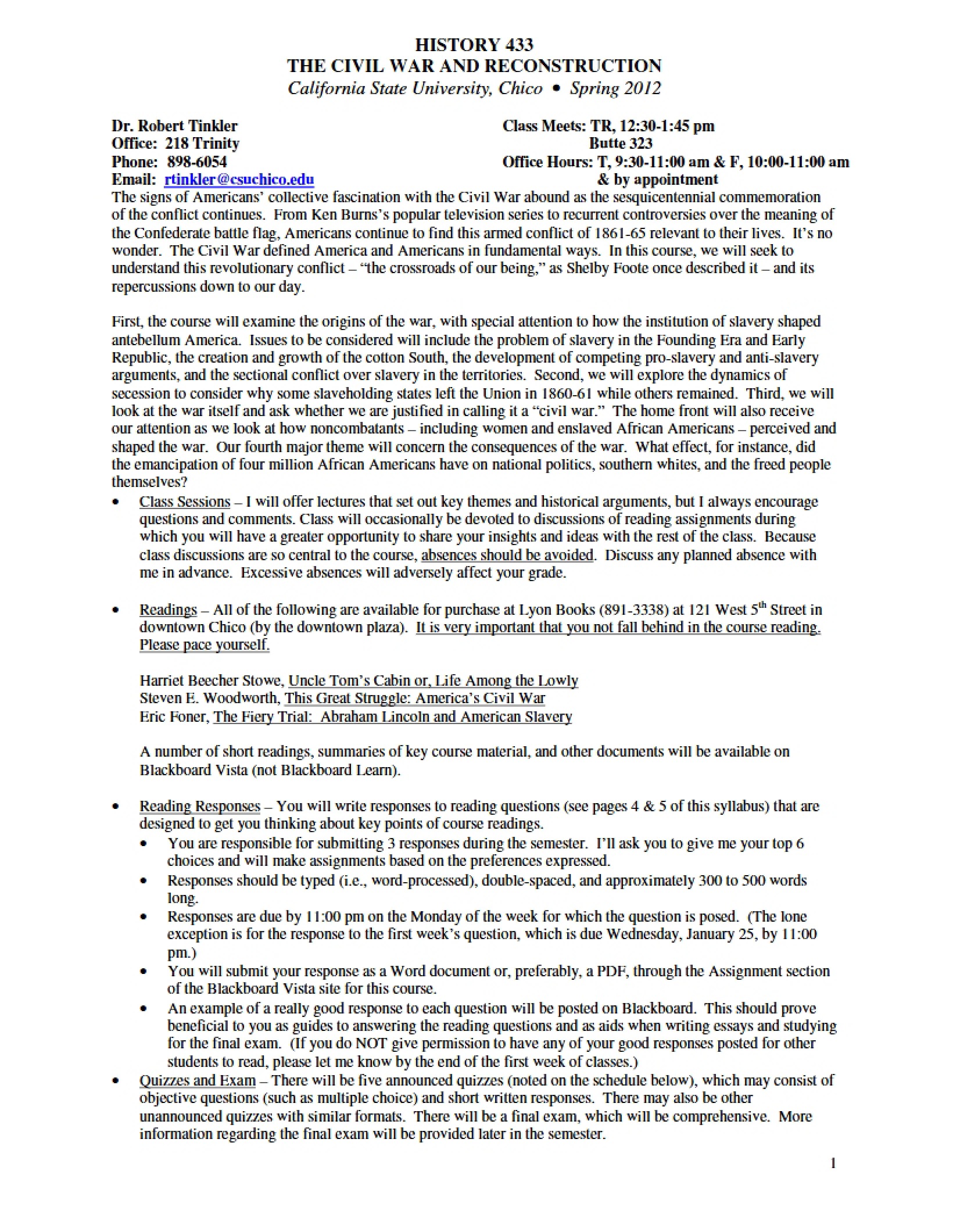 Civil War and Reconstruction Syllabus