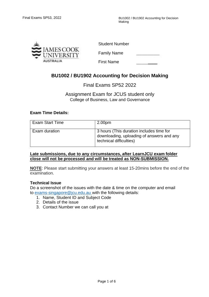 Accounting for Decision Making Final Exams 2022