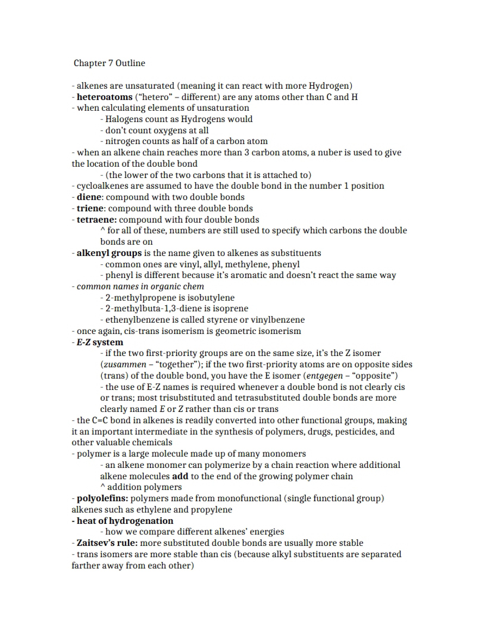 Chapter 7 Outline for Organic Chemistry I