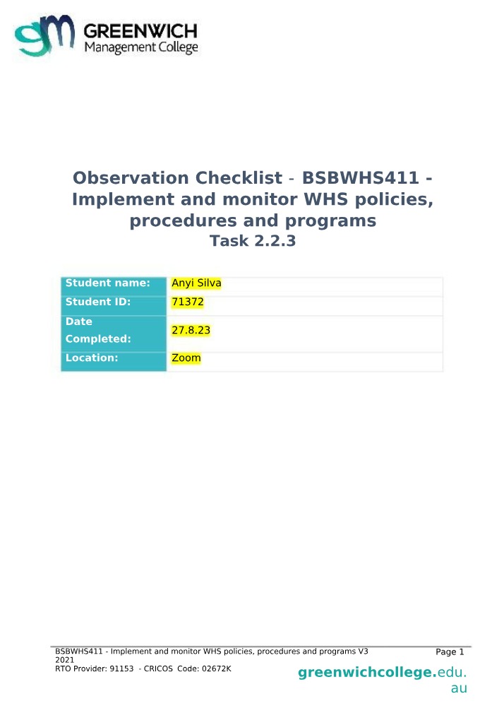 Observation Checklist - BSBWHS411 Task 2.2.3