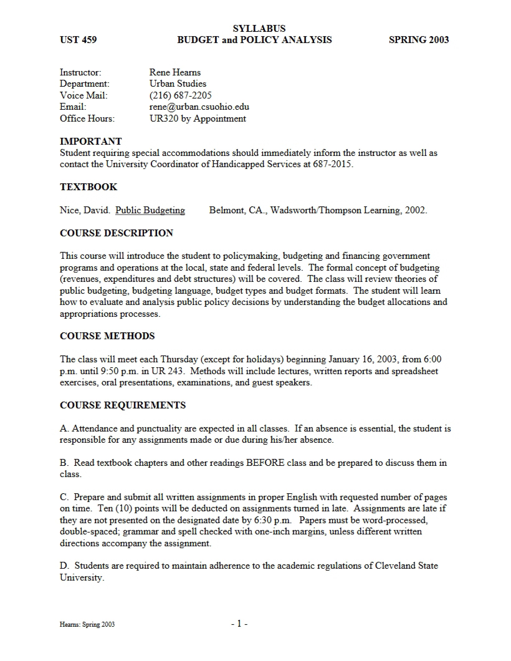 Budgeting and Policy Analysis Course Syllabus
