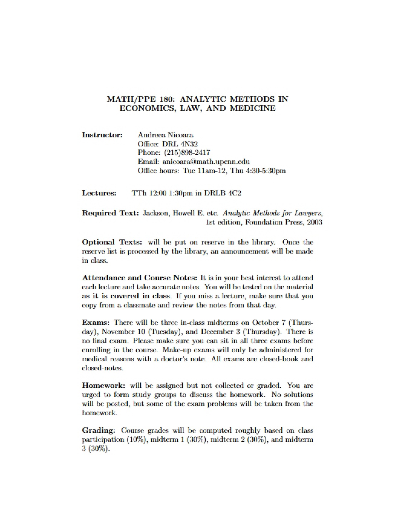 MATH 180 Course Syllabus - 2 Pages