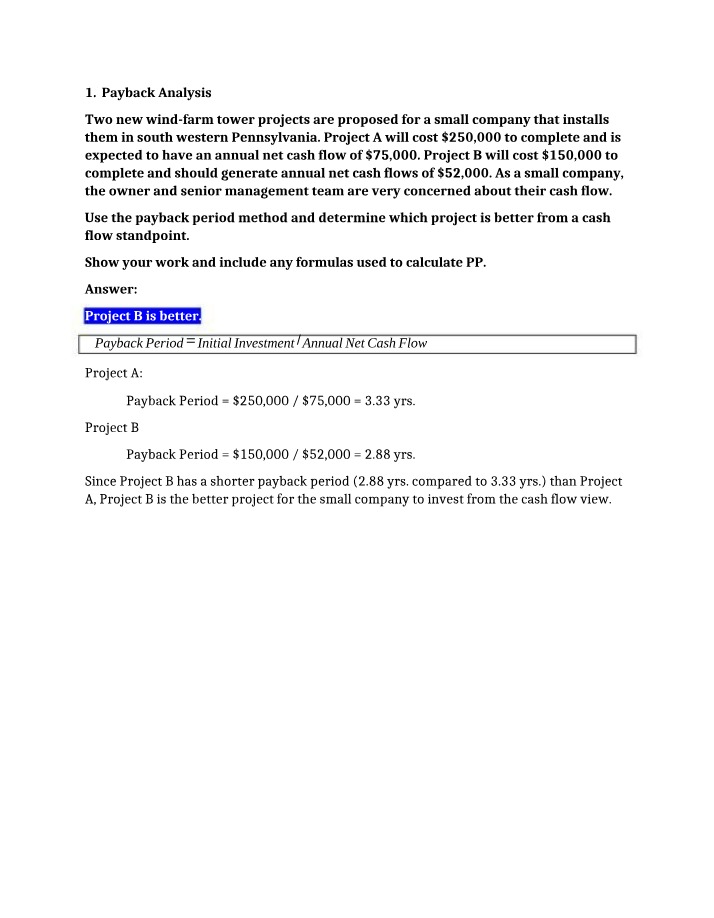 Wind Farm Projects - Cash Flow Analysis and Payback